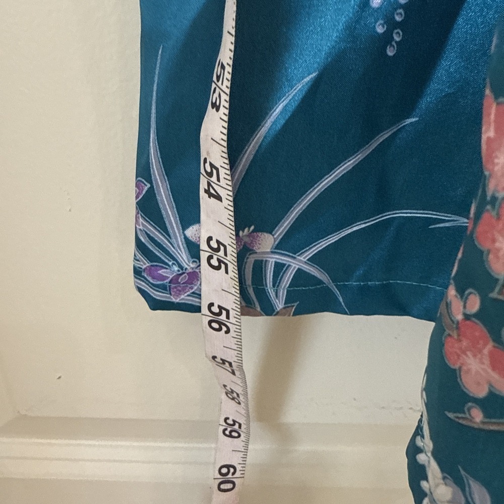 VTG Juguemm Japanese Saten Kimono Teal Floral Birds O/S Robe Art Boho Hippie - Picture 3 of 6